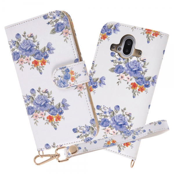 手帳型ケース クリアポケット ハンドストラップルーペ付/花柄/ブルー