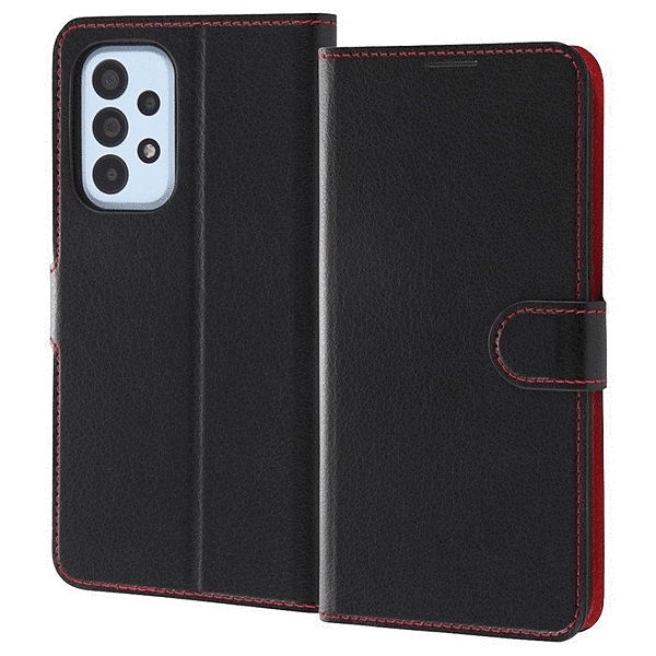 耐衝撃 手帳型レザーケース シンプル マグネット/ブラック/レッド