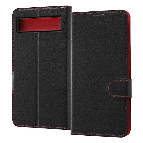 耐衝撃 手帳型レザーケース シンプル マグネット/ブラック/レッド