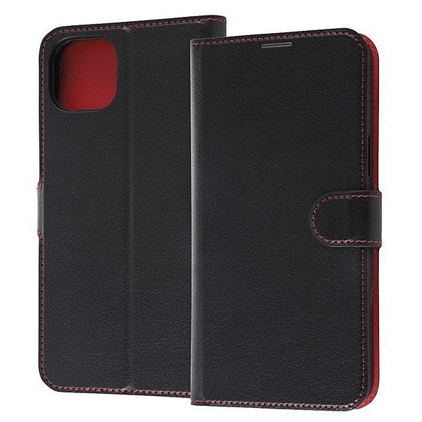 耐衝撃 手帳型レザーケース シンプル マグネット/ブラック/レッド