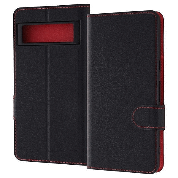 耐衝撃 手帳型レザーケース シンプル マグネット/ブラック/レッド