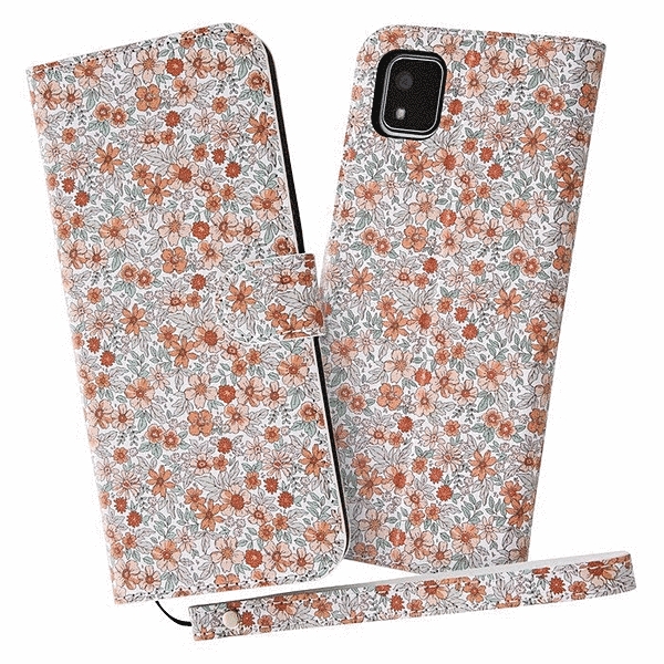 耐衝撃 手帳型レザーケース 花柄 ストラップ付/花柄/オレンジ