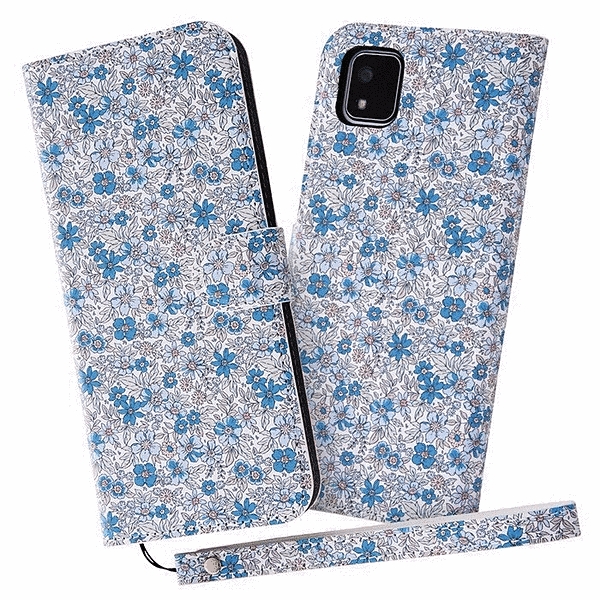 耐衝撃 手帳型レザーケース 花柄 ストラップ付/花柄/ブルー