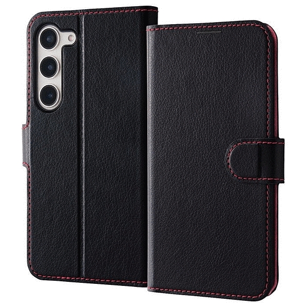 耐衝撃 手帳型レザーケース シンプル マグネット/ブラック/レッド