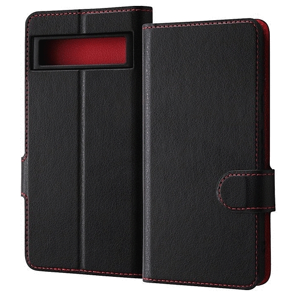 耐衝撃 手帳型レザーケース シンプル マグネット/ブラック/レッド
