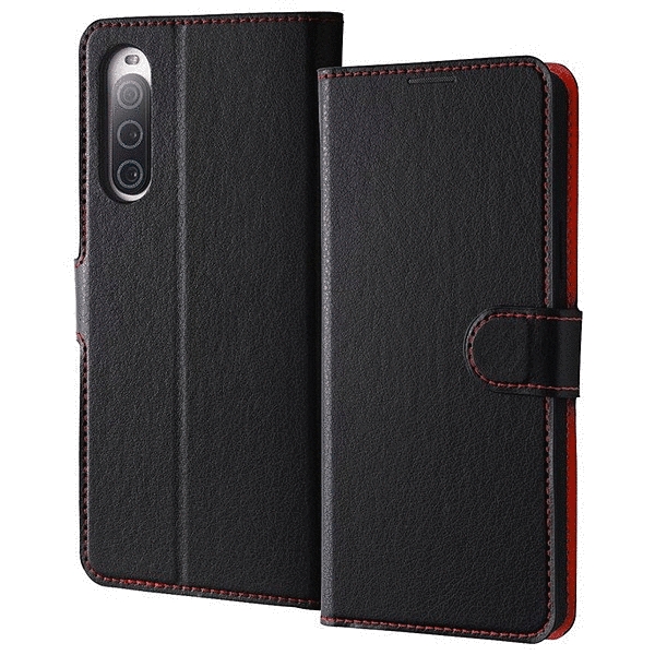 耐衝撃 手帳型レザーケース シンプル マグネット/ブラック/レッド