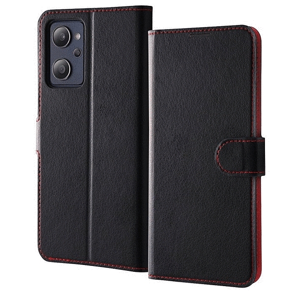 耐衝撃 手帳型レザーケース シンプル マグネット/ブラック/レッド