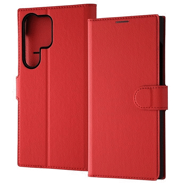 耐衝撃 手帳型レザーケース シンプル マグネット/レッド
