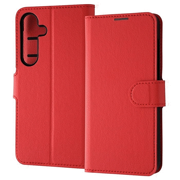 耐衝撃 手帳型レザーケース シンプル マグネット/レッド