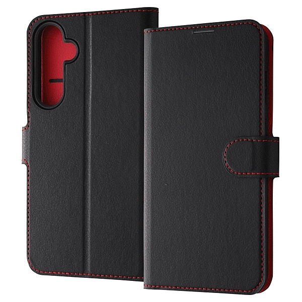 耐衝撃 手帳型レザーケース シンプル マグネット/ブラック/レッド