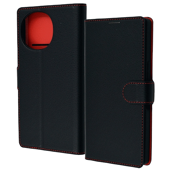 耐衝撃 手帳型レザーケース シンプル マグネット/ブラック/レッド