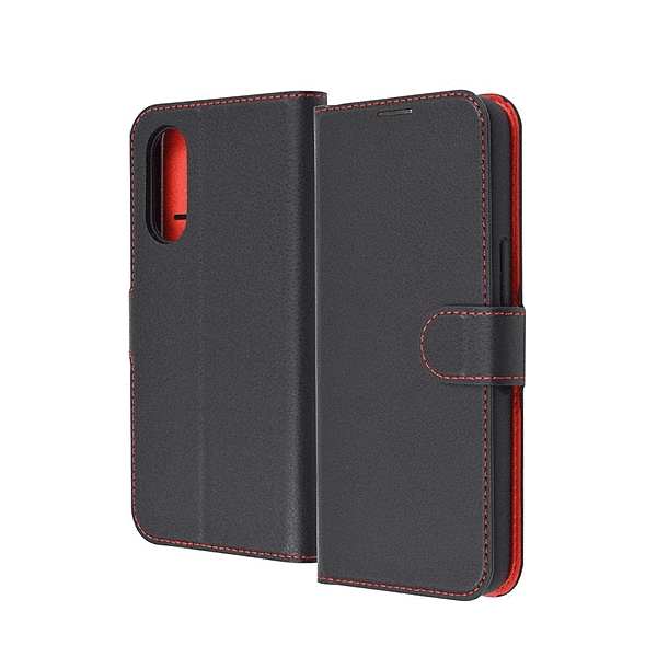 耐衝撃 手帳型レザーケース シンプル マグネット/ブラック/レッド