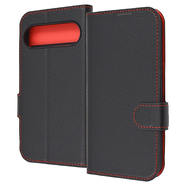 耐衝撃 手帳型レザーケース シンプル マグネット/ブラック/レッド