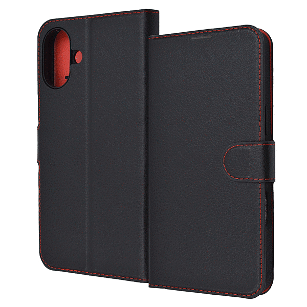 耐衝撃 手帳型レザーケース シンプル マグネット/ブラック/レッド