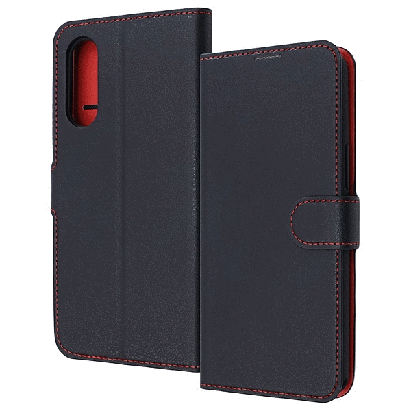 耐衝撃 手帳型レザーケース シンプル マグネット/ブラック/レッド