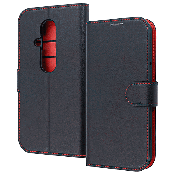 耐衝撃 手帳型レザーケース シンプル マグネット/ブラック/レッド