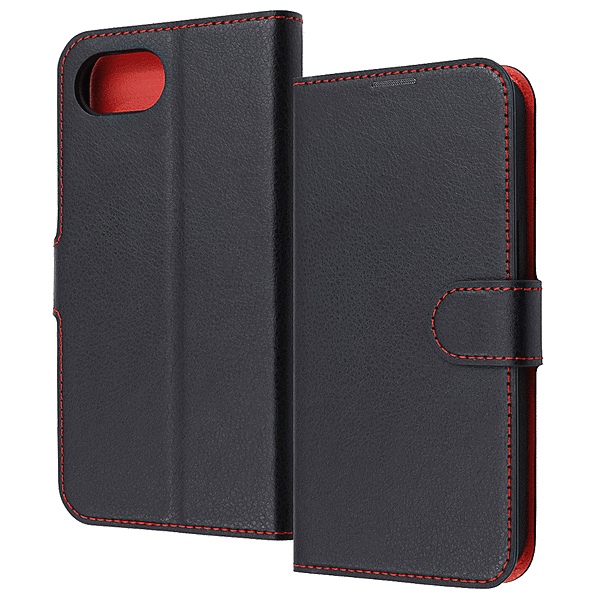 耐衝撃 手帳型レザーケース シンプル マグネット/ブラック/レッド