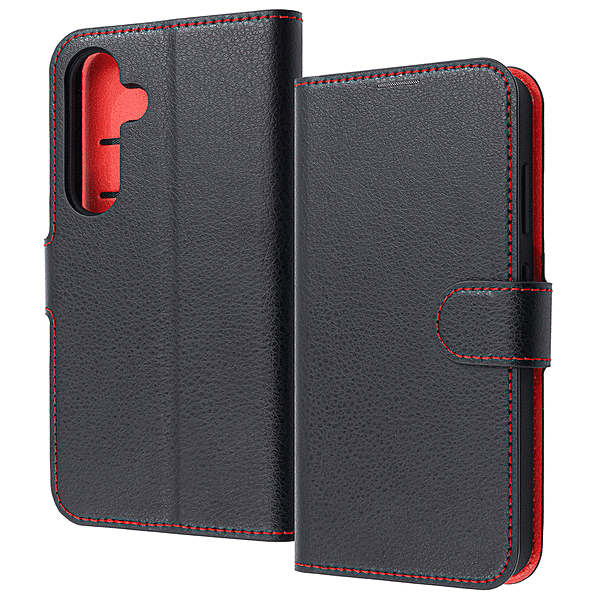 耐衝撃 手帳型レザーケース シンプル マグネット/ブラック/レッド