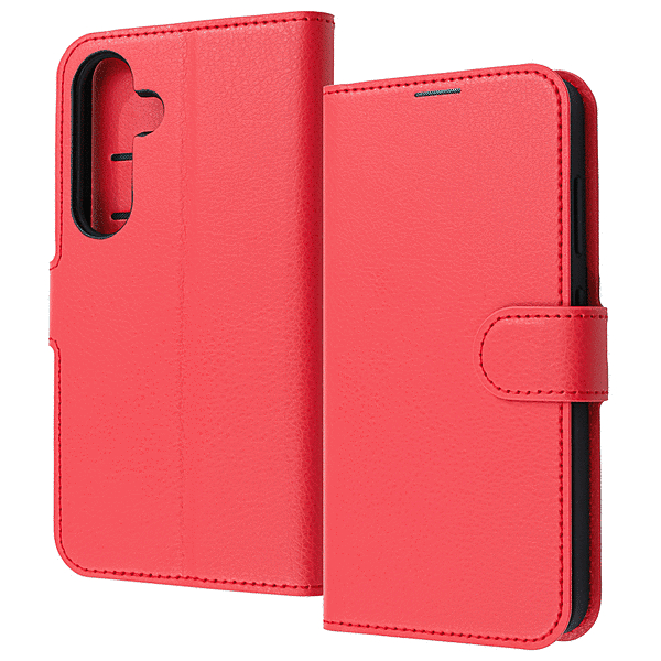 耐衝撃 手帳型レザーケース シンプル マグネット/レッド