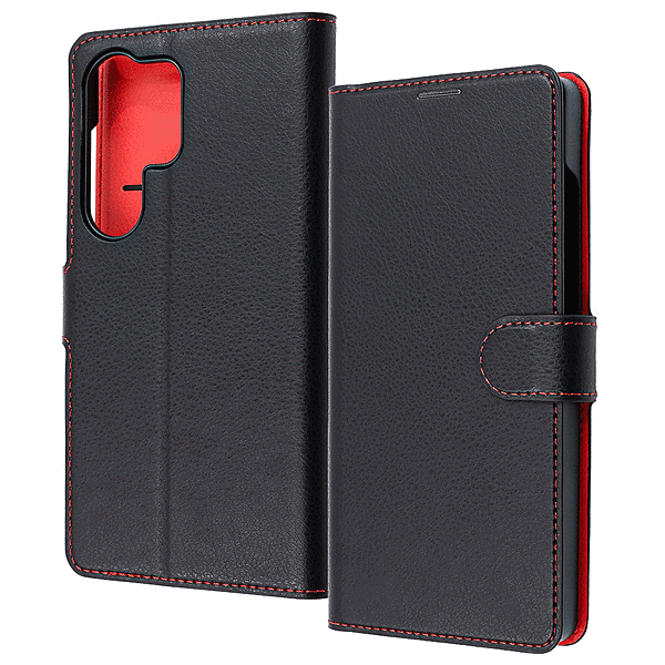 耐衝撃 手帳型レザーケース シンプル マグネット/ブラック/レッド