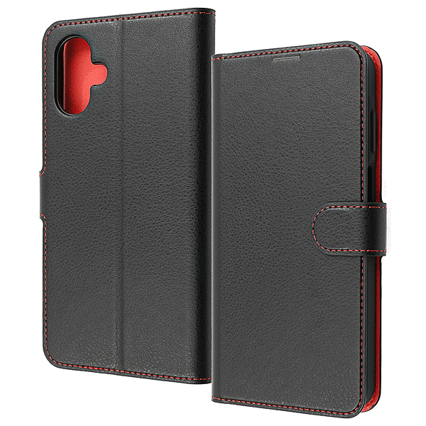 耐衝撃 手帳型レザーケース シンプル マグネット/ブラック/レッド