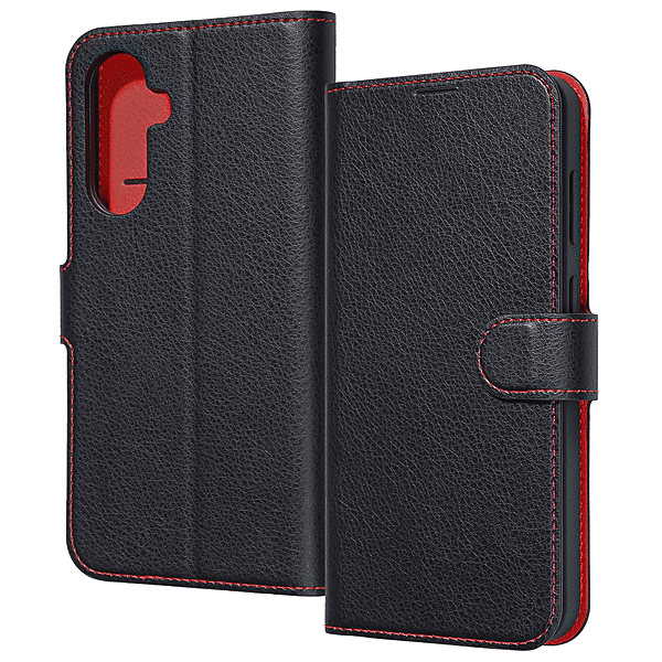 耐衝撃 手帳型レザーケース シンプル/ブラックレッド