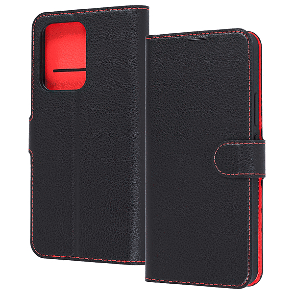 耐衝撃 シンプル 手帳型レザーケース/ブラックレッド
