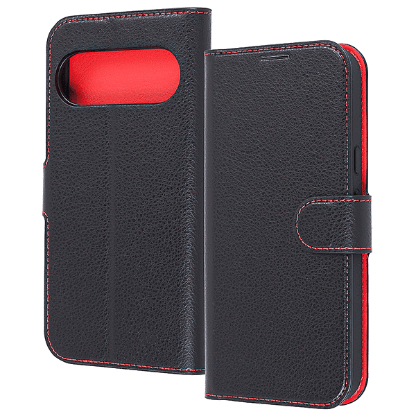 手帳型レザーケース マグネット ブラックレッド