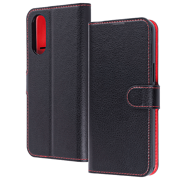 耐衝撃 シンプル 手帳型レザーケース/ブラックレッド