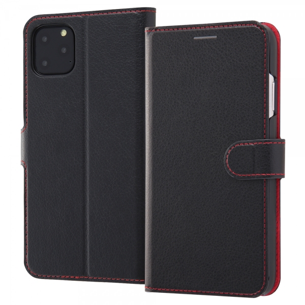 耐衝撃 手帳型レザーケース シンプル マグネット/ブラック/レッド