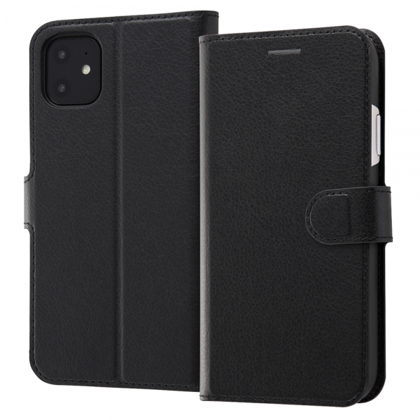 耐衝撃 手帳型レザーケース シンプル マグネット/ブラック/ブラック