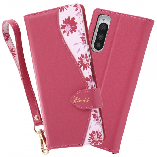 手帳型レザーケース 花柄 ハンドストラップ付/レッド