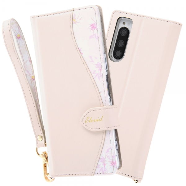 手帳型レザーケース 花柄 ハンドストラップ付/ベージュ