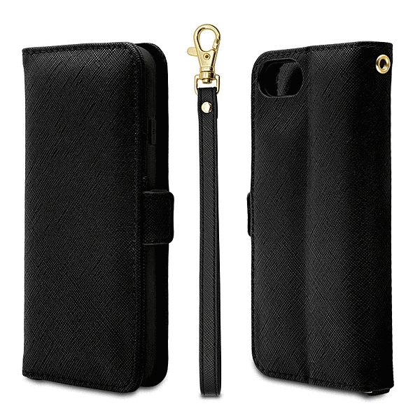 ハンドストラップ付き手帳型ケース ブラック