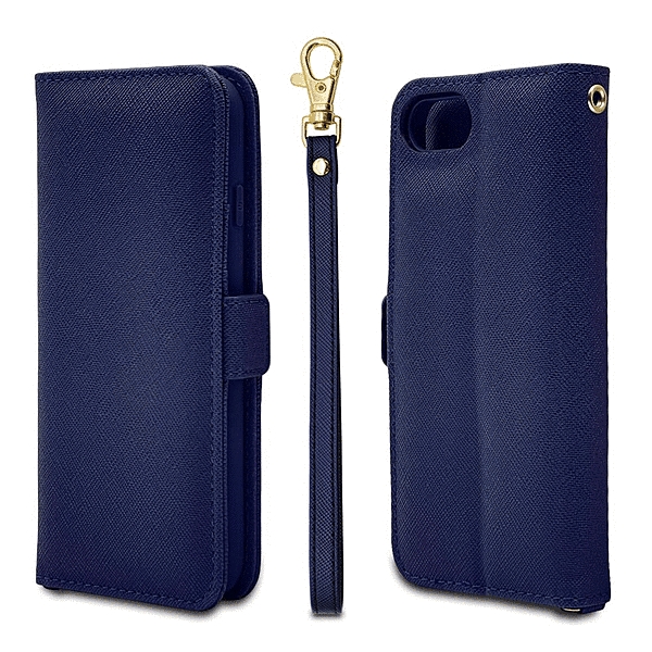ハンドストラップ付き手帳型ケース ネイビー