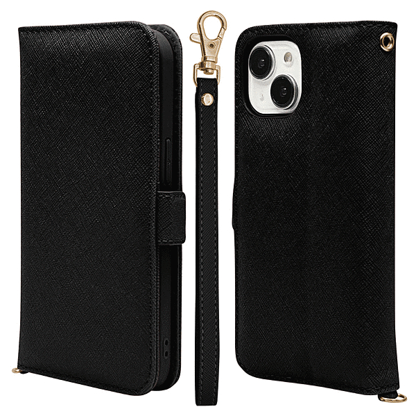 ハンドストラップ付き手帳型ケース ブラック