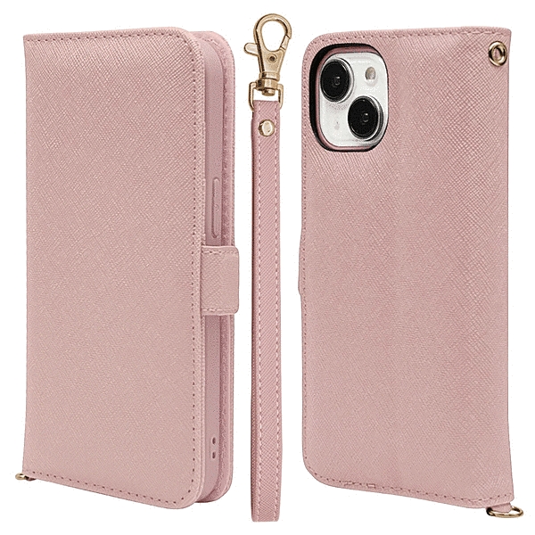 ハンドストラップ付き手帳型ケース ライトピンク