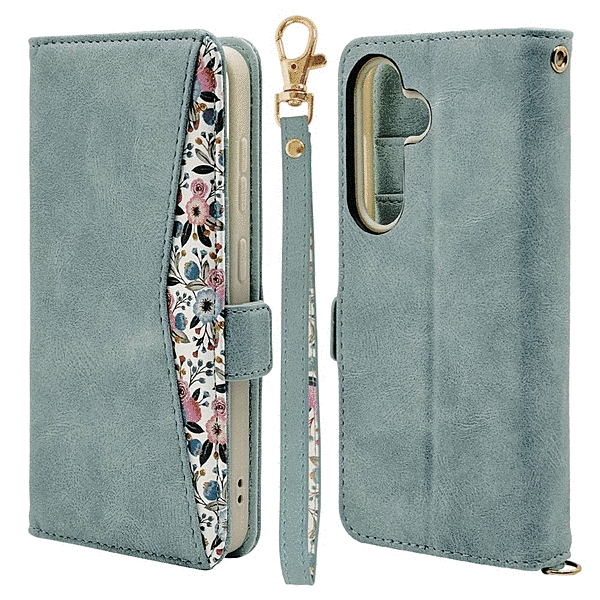花柄手帳型ケース ライトブルー