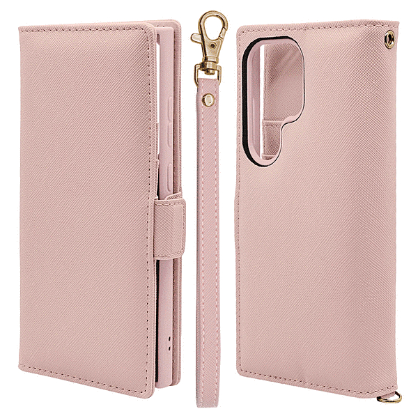 ハンドストラップ付き手帳型ケース ライトピンク