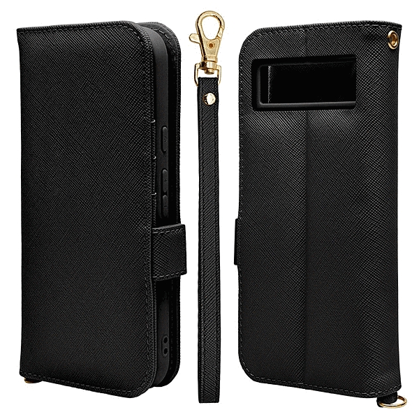 ハンドストラップ付き手帳型ケース ブラック