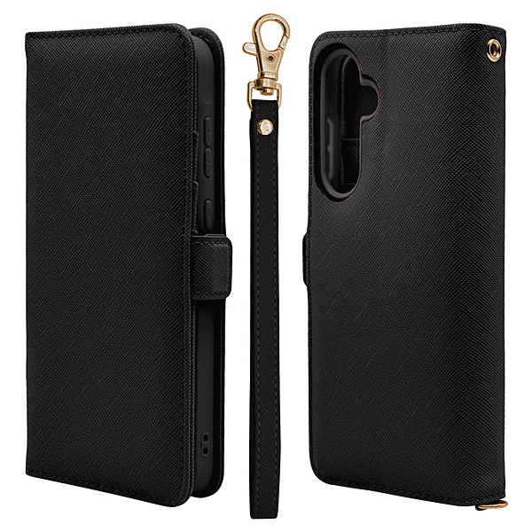 ハンドストラップ付き手帳型ケース ブラック