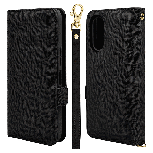 ハンドストラップ付き手帳型ケース ブラック