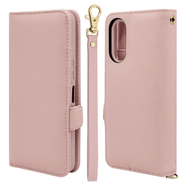 ハンドストラップ付き手帳型ケース ライトピンク