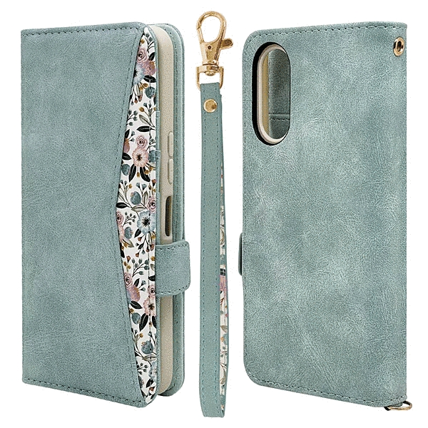 花柄手帳型ケース ライトブルー