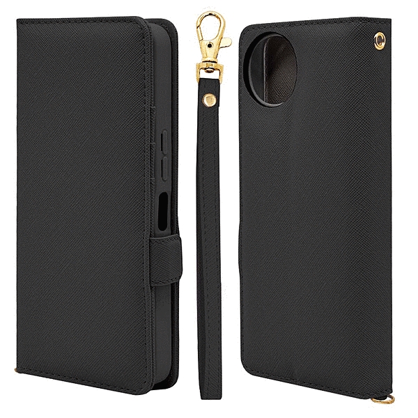 ハンドストラップ付き手帳型ケース ブラック