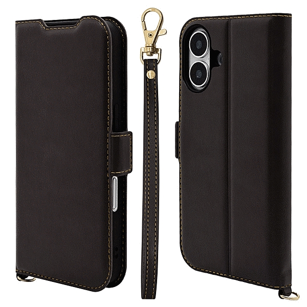 薄型手帳型ケース ハンドストラップ サイドマグネット ブラック