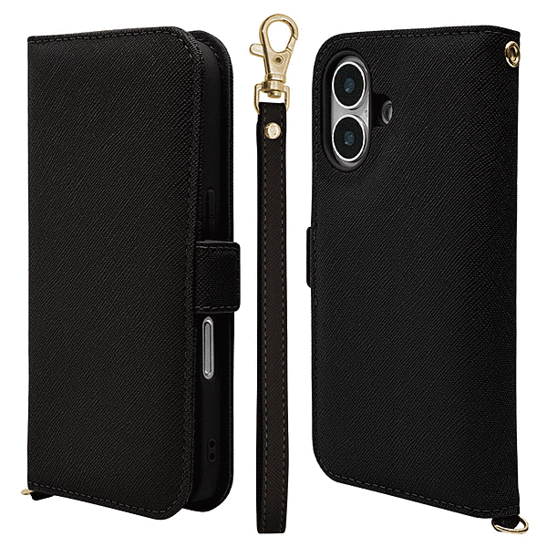 ハンドストラップ付き手帳型ケース ブラック