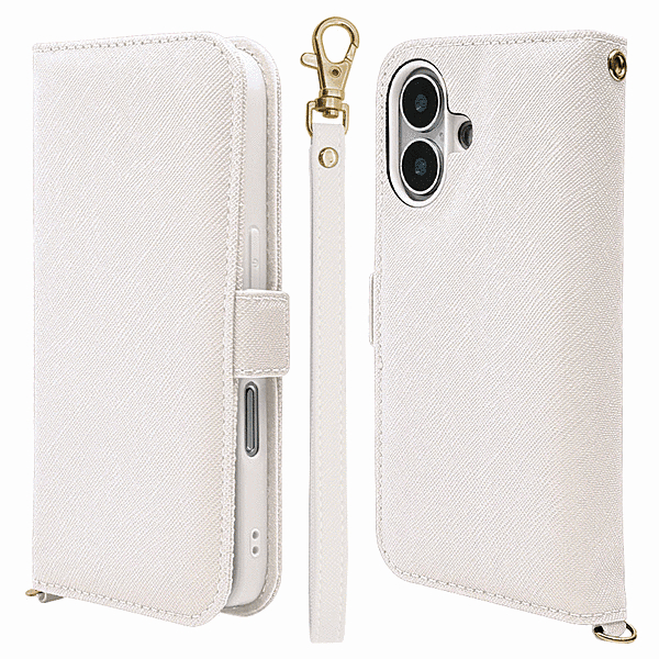 ハンドストラップ付き手帳型ケース ホワイト