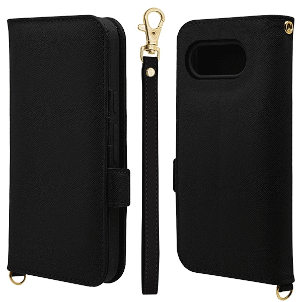 ハンドストラップ付き手帳型ケース ブラック