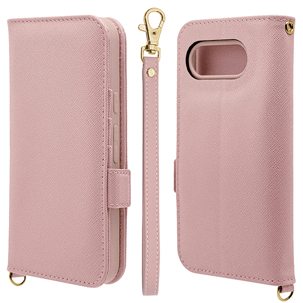ハンドストラップ付き手帳型ケース ライトピンク